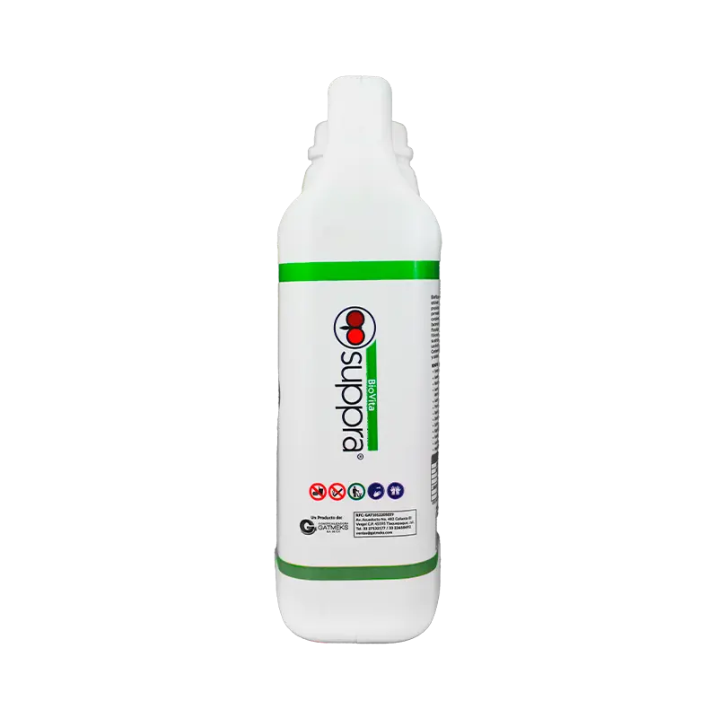 Biovita, bioestimulante organico con algas marinas adicionado con macro y micro nutrientes, garrafa 1L, vista etiqueta lateral