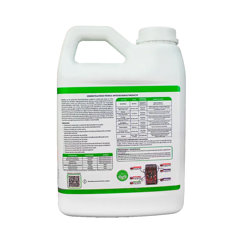 Biovita, bioestimulante organico con algas marinas adicionado con macro y micro nutrientes, garrafa 1L, vista etiqueta trasera