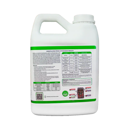 Biovita, bioestimulante organico con algas marinas adicionado con macro y micro nutrientes, garrafa 1L, vista etiqueta trasera